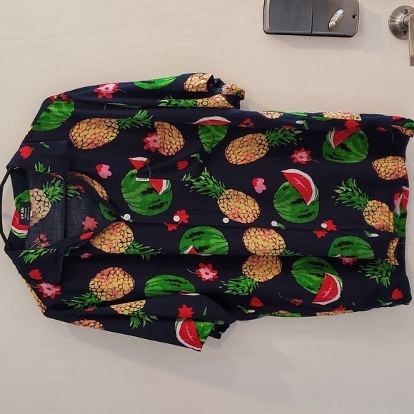 Up On Navy Bright Colorful Fruit & Flower Hawaiian Style Button Down Shirt XL - Picture 2 of 6